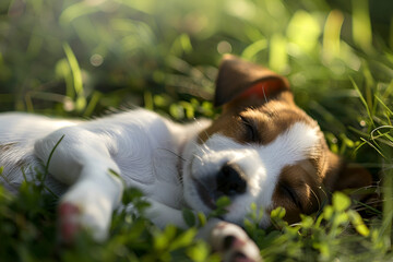 Mixed breed adorable cute little puppy lying twisted in green grass on a sunny spring day ,Beagle dog lying down in shade on grass hiding from summer sun  Summer background