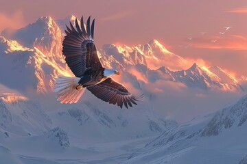 A majestic eagle soaring above a snow-capped mountain range at sunrise - Powered by Adobe