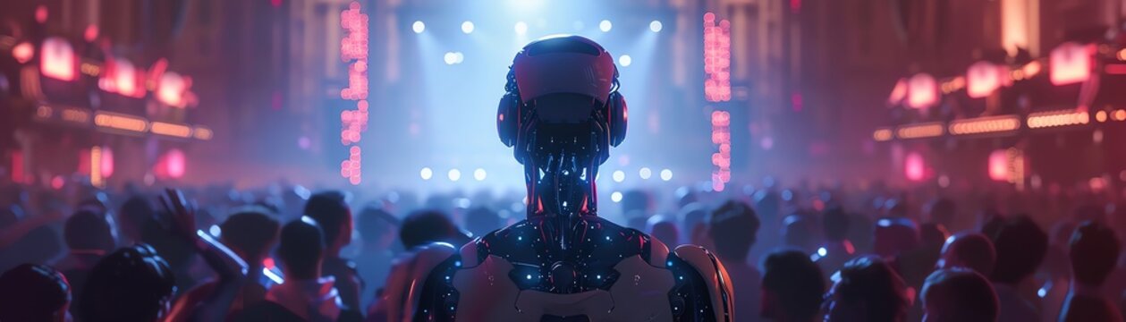 Realistic androids enjoying a night out at a concert, detailed stage and crowd, dynamic lighting, highresolution human lifestyle event