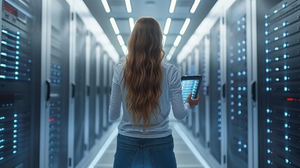 A woman with long hair stands in a server room, holding a tablet, showcasing technology and progress