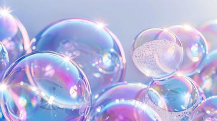 Mesmerizing iridescent soap bubbles on a shimmering background