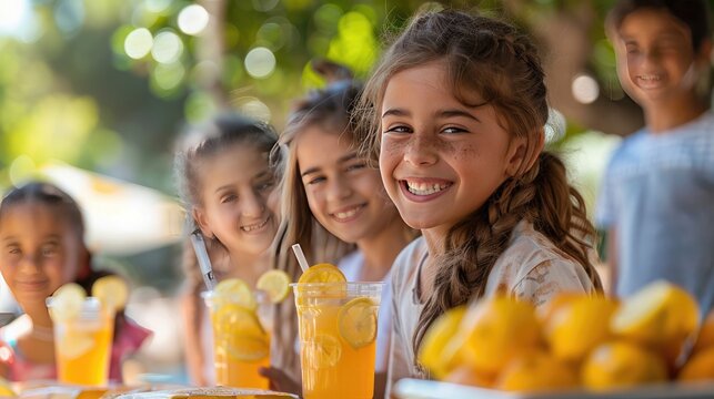 Children sitting at a table, smiling and enjoying refreshing drinks on a sunny day, celebrating friendship and fun outdoors