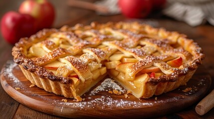 Delicious apple pie on a wooden board, with lattice crust and dusting sugar inviting a homey atmosphere