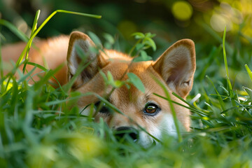 a red dog laying in the grass with its tongue out ,Portrait of a domestic pet Shiba Inu on green grass background on a summer day , internatinal dog day