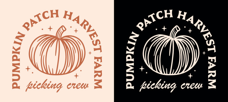 Pumpkin patch harvest farm picking crew squad logo family friends girls matching shirt design badge sticker. Fall season Halloween thanksgiving activity aesthetic quotes vector printable cut file.