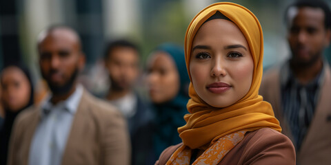 Successful Hijabi Woman Boss Posing with Subordinates