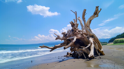 Fototapeta premium The beach reveals driftwood sculptures that showcase seaside art and natural elements. Each sculpture is unique, reflecting the peace and beauty of the surrounding landscape.