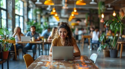 A young woman with curly hair smiles at the camera while seated at a table with her laptop in a busy cafe setting