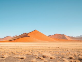 A stunning panorama of the iconic red sand dunes of Sossusvlei in Namibia, the tallest sand dunes in the world. The dunes rise up against a clear blue sky, creating a dramatic and awe-inspiring scene.