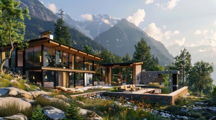 Blueprints of a luxury mountain retreat with sustainable design and stunning views