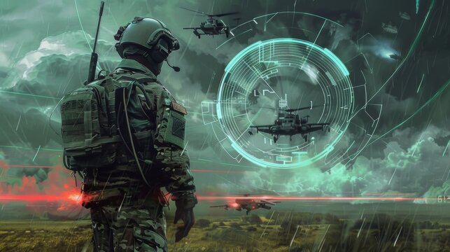 Digitally simulated electronic warfare tactics,&nbsp;highlighting the sophistication of modern military strategies in high tech style