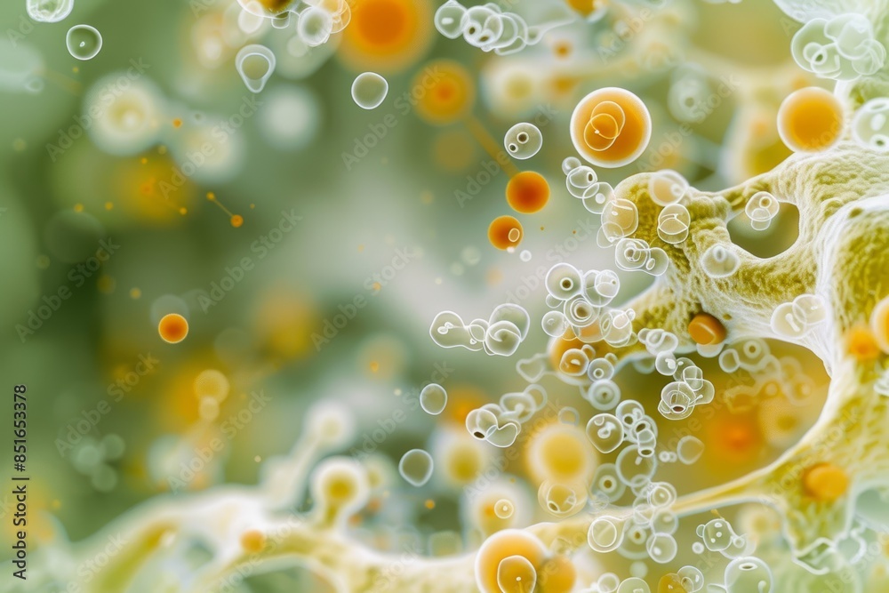Wall mural abstract 3d rendering of yellow and white bubbles floating in a green background, resembling a micro