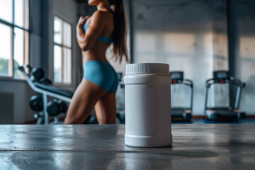 Naklejka premium White protein powder container in a fitness gym with a woman in the background