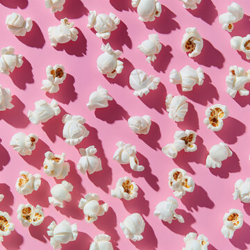 Top view of background covered with cooked popcorn light surface, creating classic movie