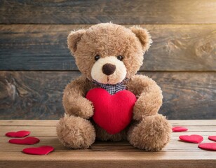 teddy bear plush holding a heart on wooden table, as a gift for valentines day, as a symbol of love and friendship