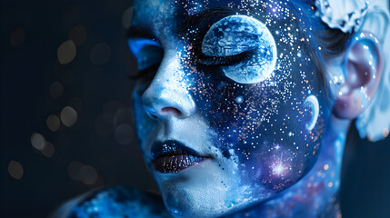 Enchanting Celestial Fantasy Makeup: Model with Planets, Comets, and Milky Way Galaxy Pattern on Face and Shoulders