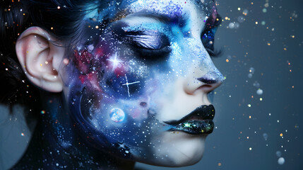 Cosmic Beauty: Model adorned with celestial makeup featuring planets, comets, and a sparkling Milky Way design on face and shoulders