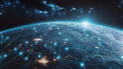 Fototapeta premium Digital world map planet Earth space global globe sky space 5G wireless network AI big data communication pathways science technology web internet connection transmission cyber cloud computing online