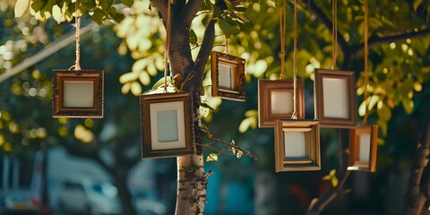 Family Tree Genealogy Symbolized by Empty Picture Frames Hanging from Tree Branches. Concept Family Tree, Genealogy Research, Empty Picture Frames, Tree Branches, Ancestral Heritage