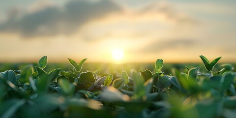 Sunset casting a golden glow over a vibrant soybean field on a lush agricultural farm. Concept Golden Glow, Sunset Beauty, Vibrant Soybean Field, Lush Agriculture, Farm Scenery