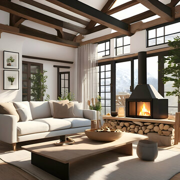 Cozy Modern Cabin Living Room with Fireplace