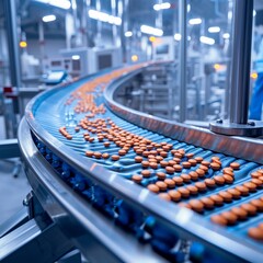 Obraz premium Conveyor belt in a pharmaceutical factory with orange tablets sorting and processing under bright lights and modern machinery.