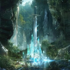 A fantasy scene with a sword and a crystal structure