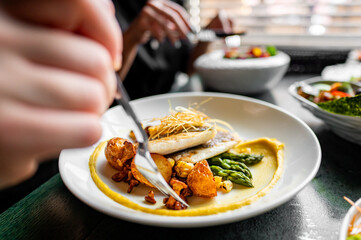 Close-up of a gourmet dish with asparagus, possibly fish, and garnishes on a white plate, with a person dining in the background.