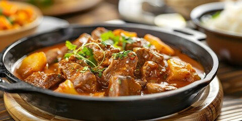 Brazilian Moqueca in a Modern Cast Iron Roasting Dish A Close-Up View. Concept Close-Up Shots, Brazilian Cuisine, Modern Kitchenware, Cast Iron Cookware, Food Photography