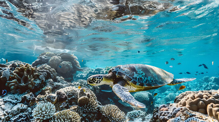 Obraz premium Graceful Sea Turtle Swimming Among Vibrant Coral Reefs in Clear Blue Waters