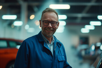 Fototapeta premium Create a hyper-realistic publicity photo, Extreme Closeup Shot of a smiling 40-year-old Czech man cleaning the showroom of a car dealership in a blue suit. Forty year old handsome smiling man cleaning