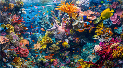 Fototapeta premium Vibrant Underwater World: Colorful Coral Reef with Diverse Marine Life