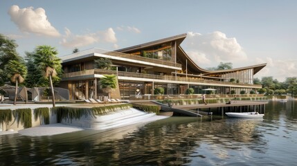 Detailed architectural plans for a luxury riverside hotel with modern amenities and eco-friendly design
