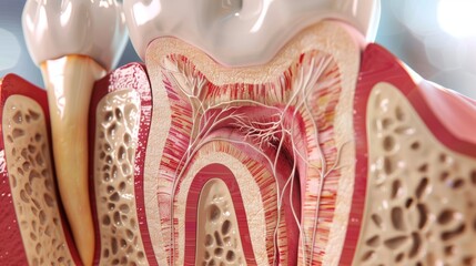 Close-up 3D Rendering of a Tooth with Dentin, Enamel, Pulp, and Gum Tissue