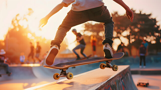 Dynamic Skateboarder Mid-Flip Trick on Half-Pipe with Blurred Skatepark Background - Action Sports and Skill Showcase - Powered by Adobe