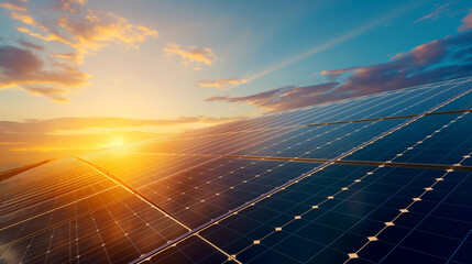 Closeup of solar panels on rooftops catching the morning light