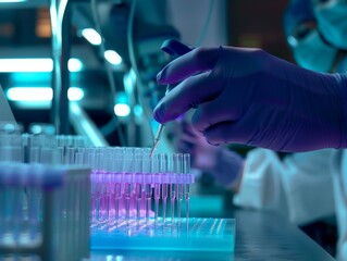 Close-up of a scientist's gloved hand using a pipette to transfer liquid into a row of test tubes in a laboratory setting.