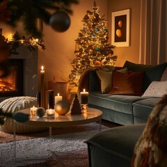 A cozy living room with a Christmas tree and a fireplace