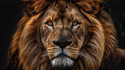 Naklejka premium Regal Lion Close Up: Majestic Mane and Piercing Eyes