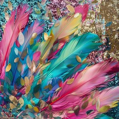 A colorful painting of feathers with gold accents