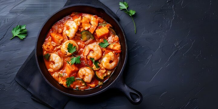 Modern twist on traditional Brazilian moqueca baiana fish stew in cast iron dish. Concept Brazilian Cuisine, Moqueca Baiana, Fish Stew, Traditional Recipe, Cast Iron Cooking