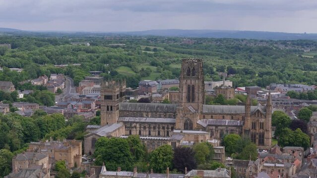 Aerial view of Durham Cathedral, a UNESCO World Heritage Site in Durham, beautiful English city