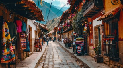 Fototapeta premium Man traveler with backpack explore the village walking on the old streets and explore the castles and fortresses