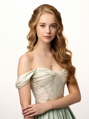 A young woman in a white dress with a gold necklace and a gold pendant