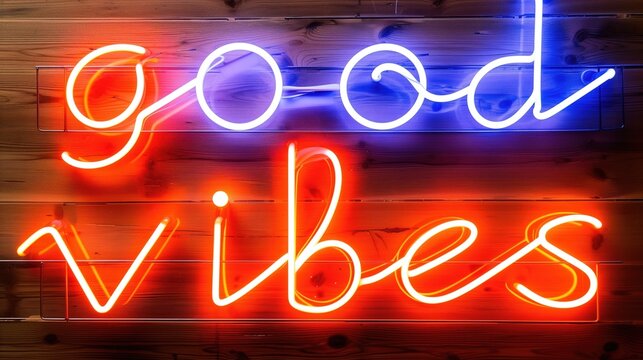 Good Vibes Neon Sign on Wooden Background. Vibrant glowing message in trendy decor