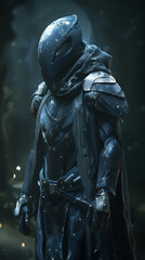 Futuristic armored warrior standing in dark environment