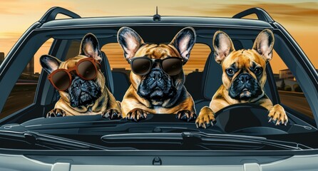 Three French Bulldogs Wearing Sunglasses in a Car. Generative ai.