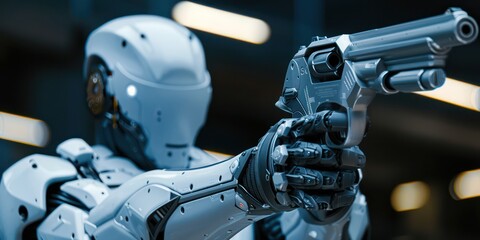 Fototapeta premium white robot holding gun