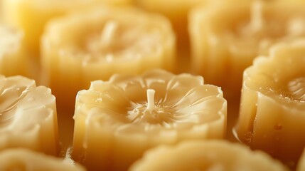 Close-up of a group of handmade beeswax candles in the shape of flowers. The candles are arranged in a honeycomb pattern and have a soft, warm glow.