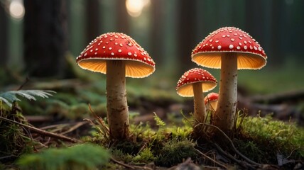 Fototapeta premium fly agaric mushrooms sprout in the forest dawn close-up